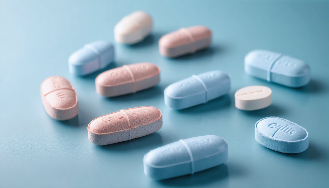 Blister pack of Cialis (tadalafil) tablets with a glass of water on a bedside table